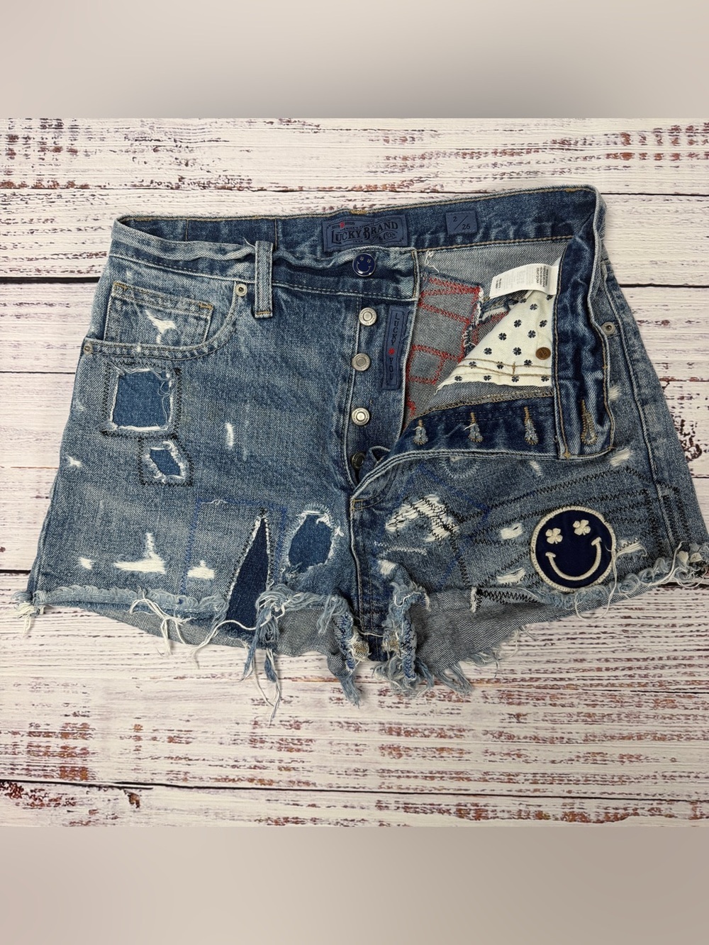 Lucky Brand Distressed Denim Shorts with Smiley Patch - Blue - Picture 2 of 8